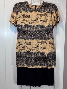 Vintage 90s K.C. Spencer Dress Cave Painting Animal Print Rayon USA Made VTG 6